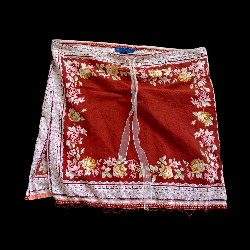 Y2K Blue Plate Red Floral Mini‎ Skirt Fairy Beaded Trim Boho Cottagecore Medium